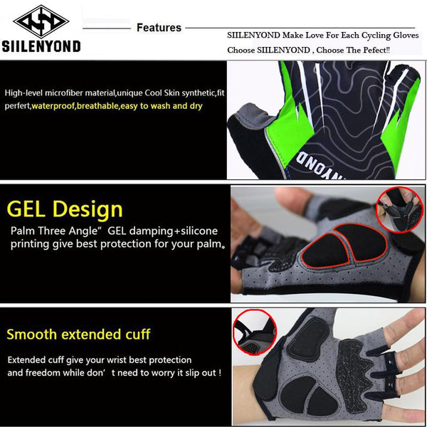 Siilenyond Kamiko 3D GEL Pad Bright Green Sport Gloves Half Finger MTB Bike Gloves Cycling Gloves Red Mountain Bicycle Gloves